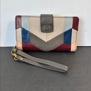 Boho Fossil Patchwork Leather Wristlet Wallet Multicolor Chevron Retro Y2K